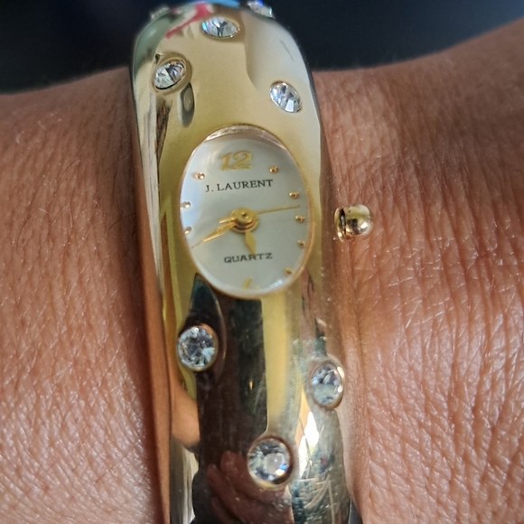 J. Laurent Gold Bangle Watch with Crystals - Picture 2 of 7